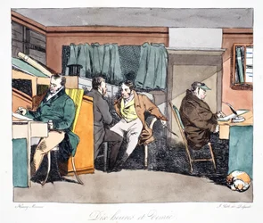 Halv elleve, illustrasjon fra 'Moeurs Administratives, Dessinées Ifølge Nature' av Henri Monnier, litografiert av Delpech, pub. Paris, ca. 1828 (håndfarget litho)